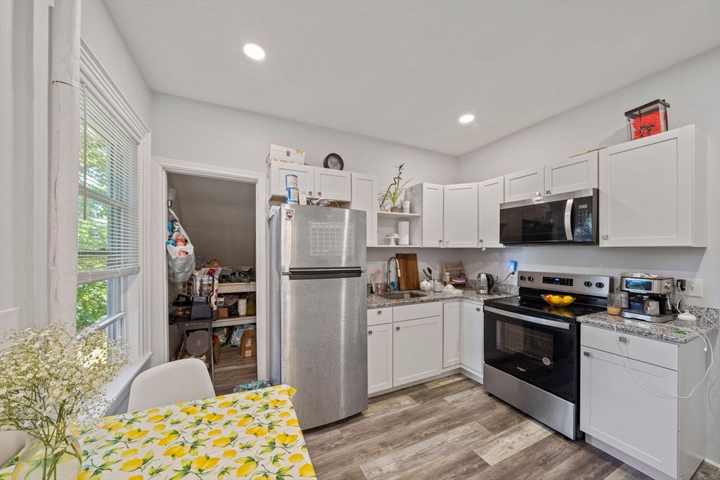 Interior, Kitchen, Recessed Lighting, Stainless Steel Appliances, Wood Texture Flooring