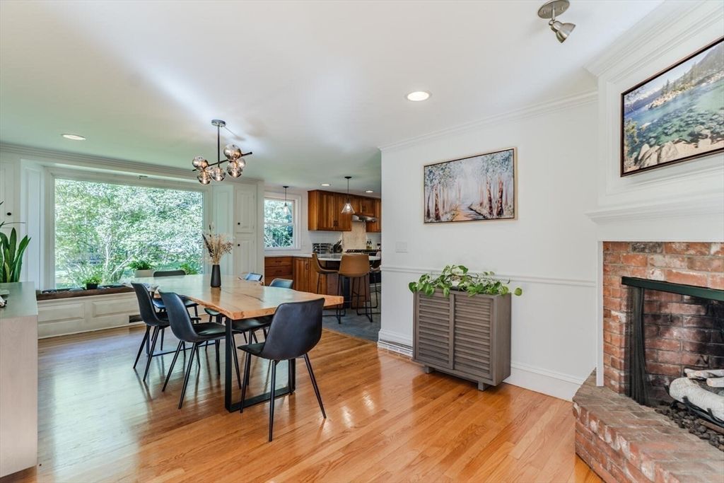 Dining room, Fireplace, Interior, Kitchen, Pendant Lights, Recessed Lighting, Wood Texture Flooring