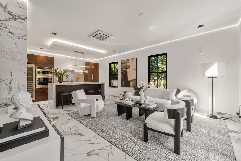Interior, Kitchen, Living room, Marble, Marble Walls, Recessed Lighting, Stainless Steel Appliances