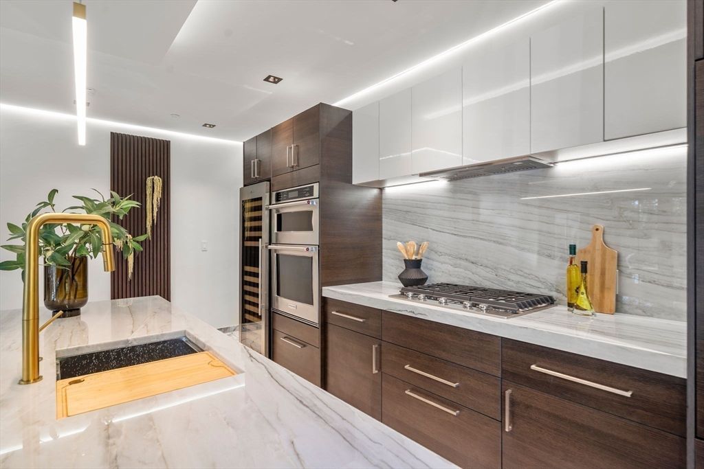 Interior, Kitchen, Marble, Recessed Lighting, Stainless Steel Appliances