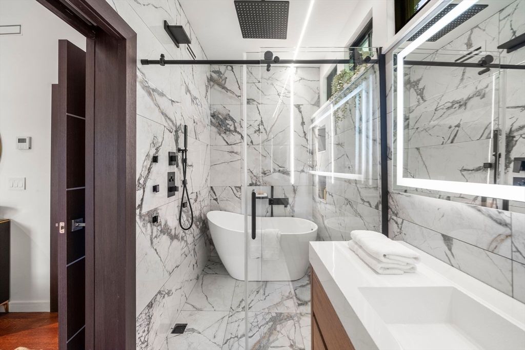Bathroom, Dual Sink Vanities, Free Standing Baths, Glass Shower, Interior, Marble, Marble Walls