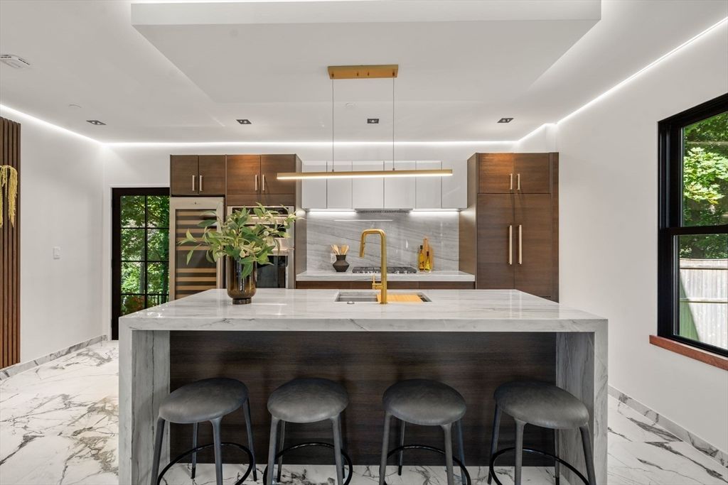 Interior, Kitchen, Marble, Pendant Lights, Recessed Lighting, Stainless Steel Appliances