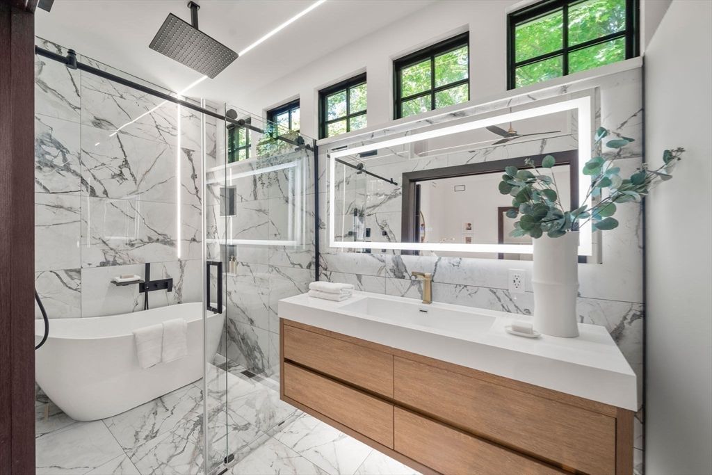 Bathroom, Dual Sink Vanities, Glass Shower, Interior, Marble, Marble Walls