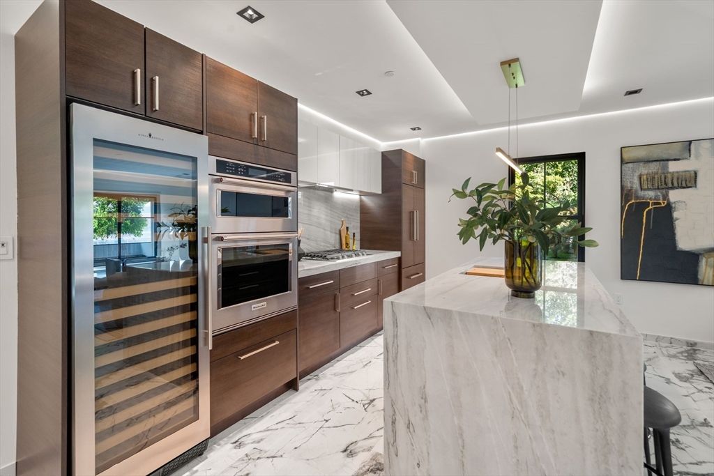 Interior, Kitchen, Marble, Pendant Lights, Recessed Lighting, Stainless Steel Appliances