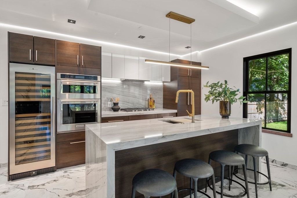 Interior, Kitchen, Marble, Pendant Lights, Recessed Lighting, Stainless Steel Appliances
