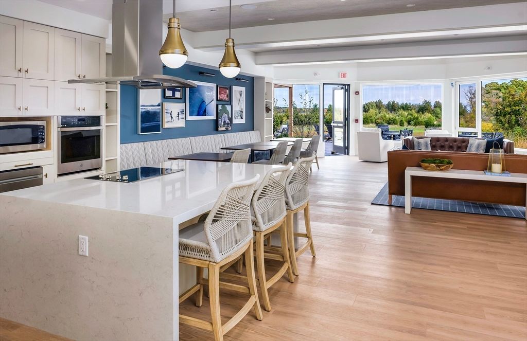 Dining room, Interior, Kitchen, Living room, Pendant Lights, Stainless Steel Appliances, Wood Texture Flooring