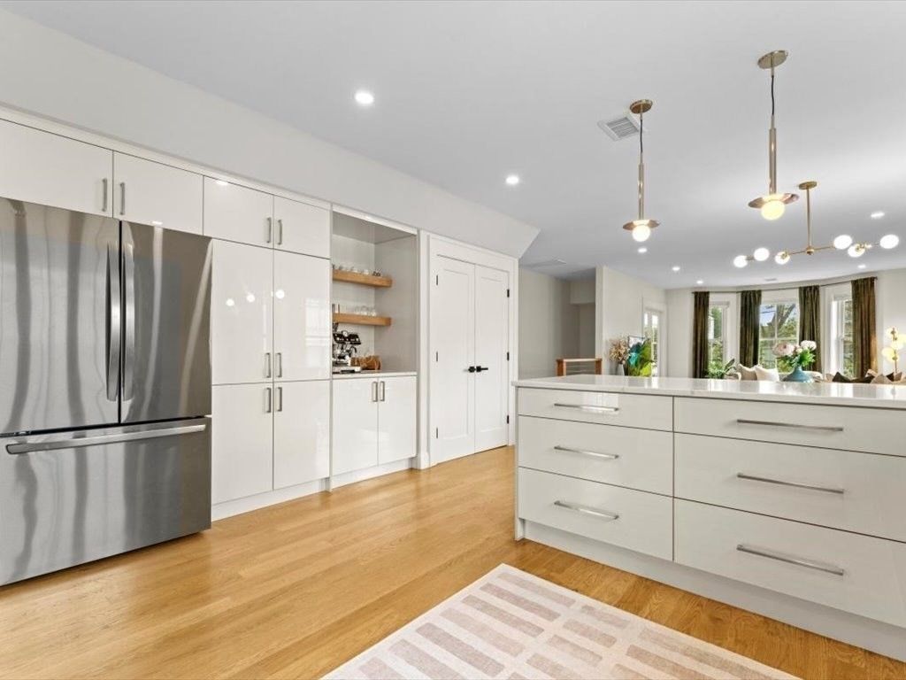 Interior, Kitchen, Pendant Lights, Recessed Lighting, Stainless Steel Appliances, Wood Texture Flooring