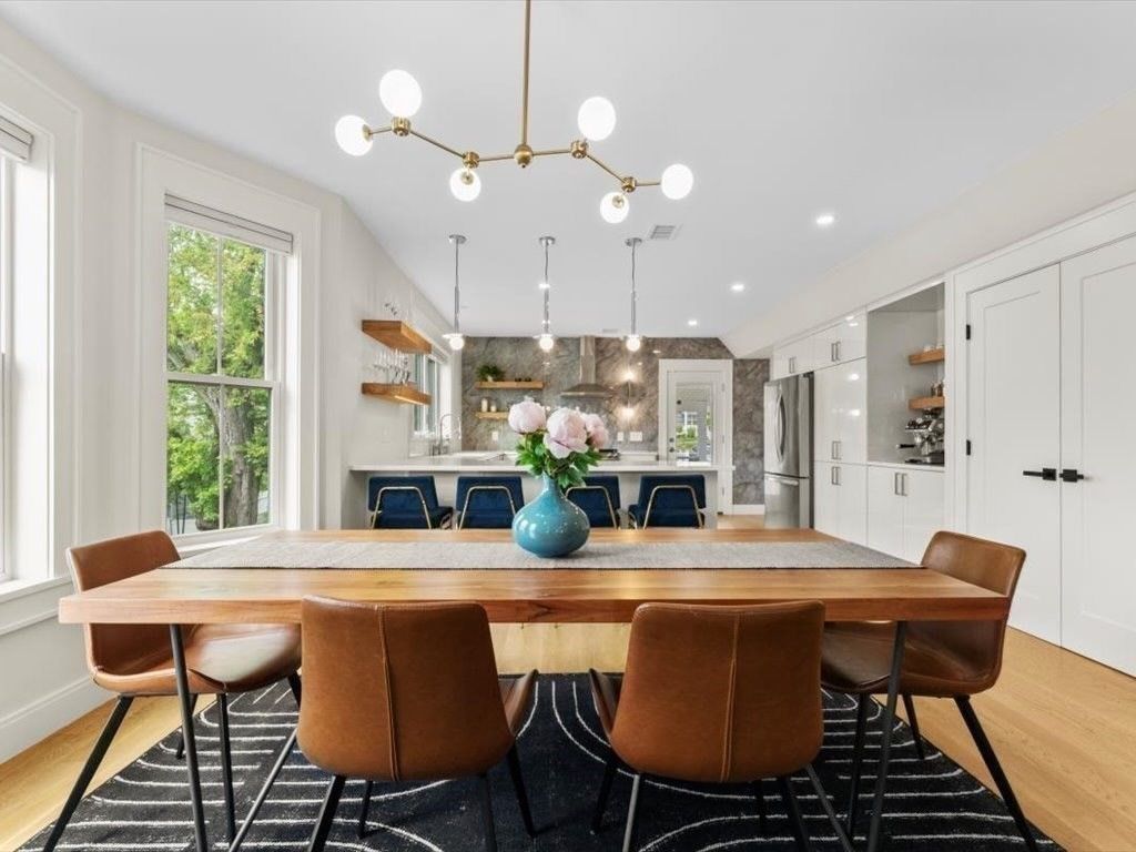 Dining room, Interior, Pendant Lights, Recessed Lighting, Wood Texture Flooring