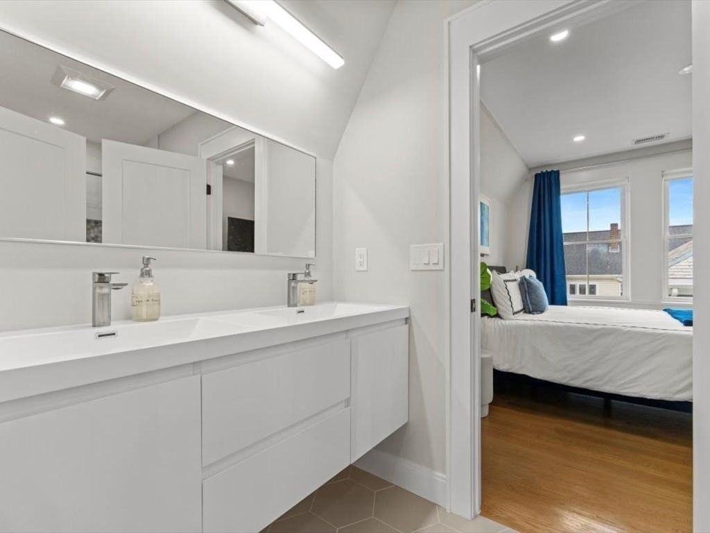 Bathroom, Bedroom, Dual Sink Vanities, Interior, Recessed Lighting, Wood Texture Flooring
