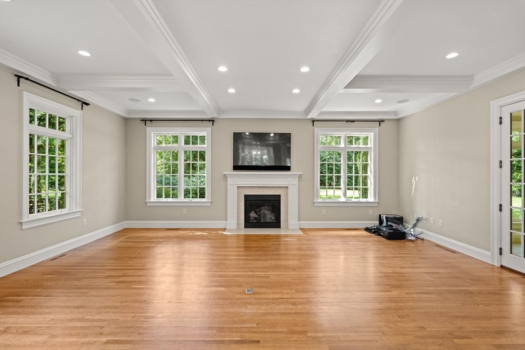 Empty room, Fireplace, Interior, Recessed Lighting, Wood Texture Flooring
