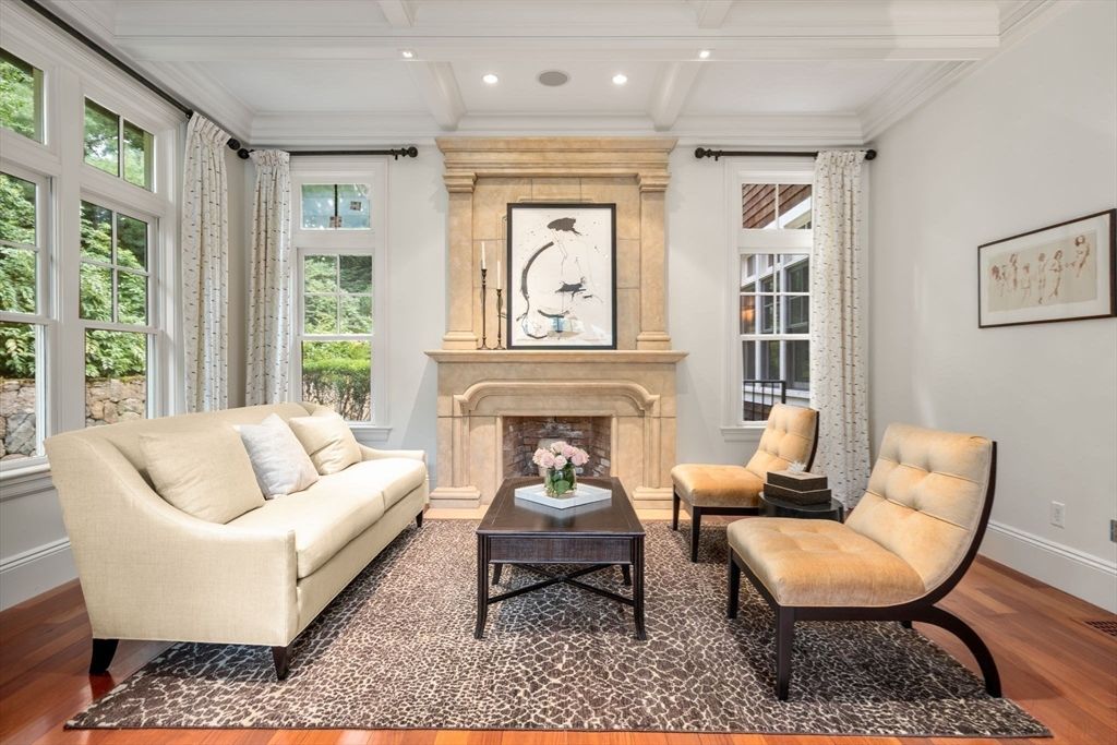 Fireplace, Interior, Living room, Recessed Lighting, Wood Texture Flooring