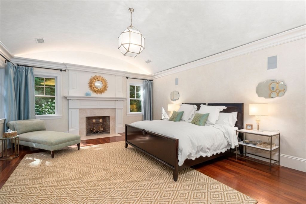 Bedroom, Fireplace, Interior, Pendant Lights, Wood Texture Flooring