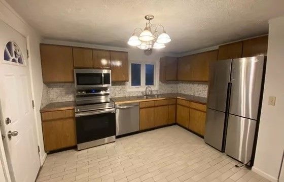 Chandelier, Interior, Kitchen, Stainless Steel Appliances, Wood Texture Flooring