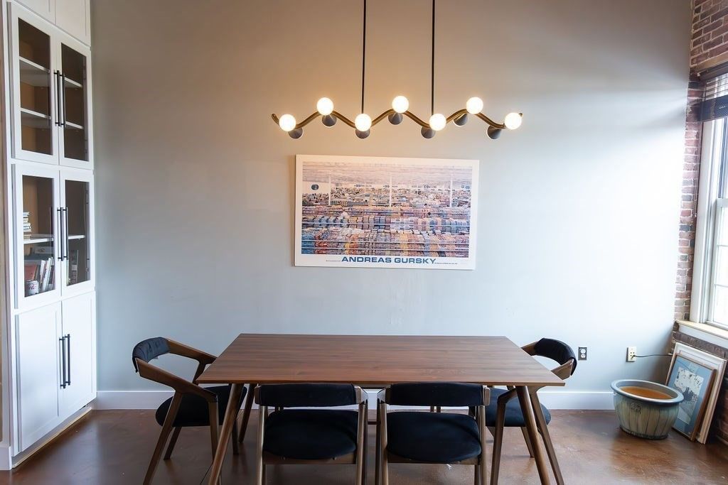 Dining room, Interior, Pendant Lights, Stone Walls, Wood Texture Flooring