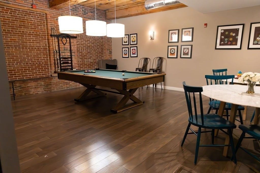 Billiard Table, Game Room, Interior, Pendant Lights, Stone Walls, Wood Texture Flooring