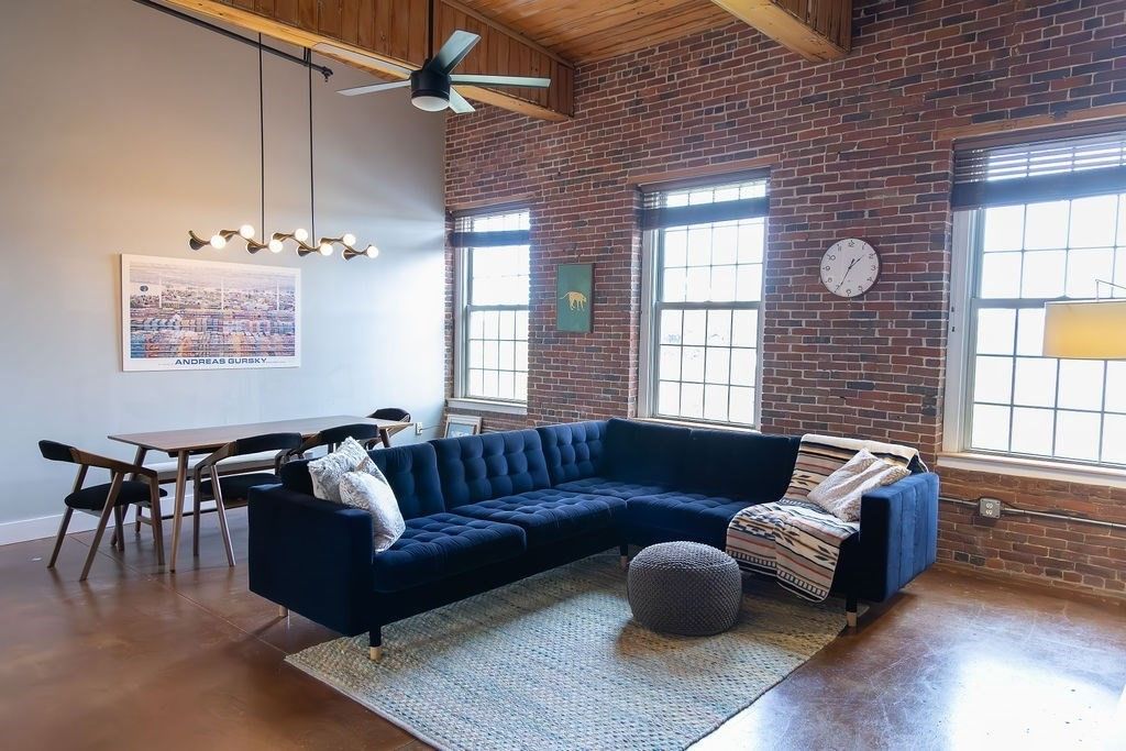 Dining room, Interior, Living room, Pendant Lights, Stone Walls, Wooden Beams