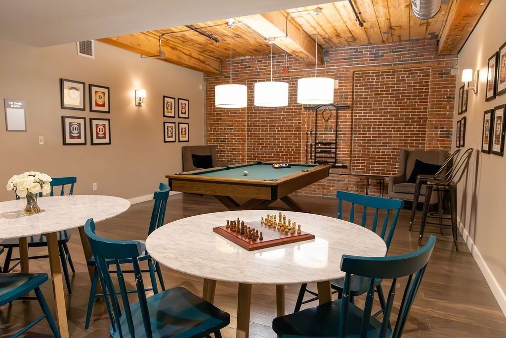 Billiard Table, Dining room, Game Room, Interior, Stone Walls, Wooden Beams, Wooden Ceilings, Wood Texture Flooring