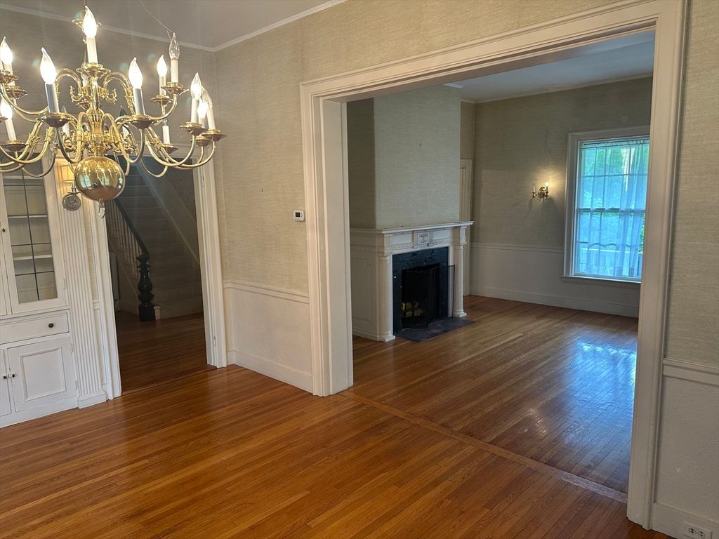 Chandelier, Empty room, Fireplace, Interior, Wood Texture Flooring