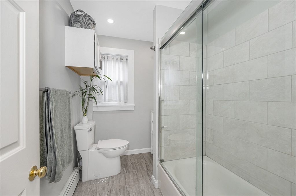 Bathroom, Glass Shower, Interior, Recessed Lighting, Wood Texture Flooring