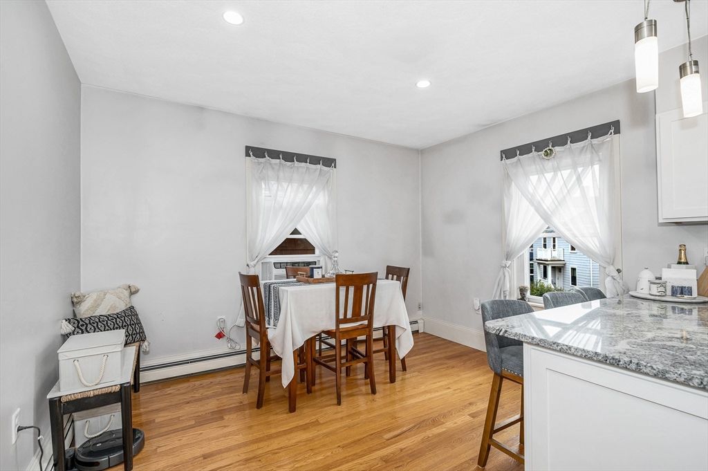Dining room, Interior, Recessed Lighting, Wood Texture Flooring