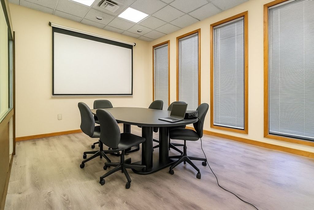 Dining room, Interior, Projection Screen, Recessed Lighting, Wood Texture Flooring