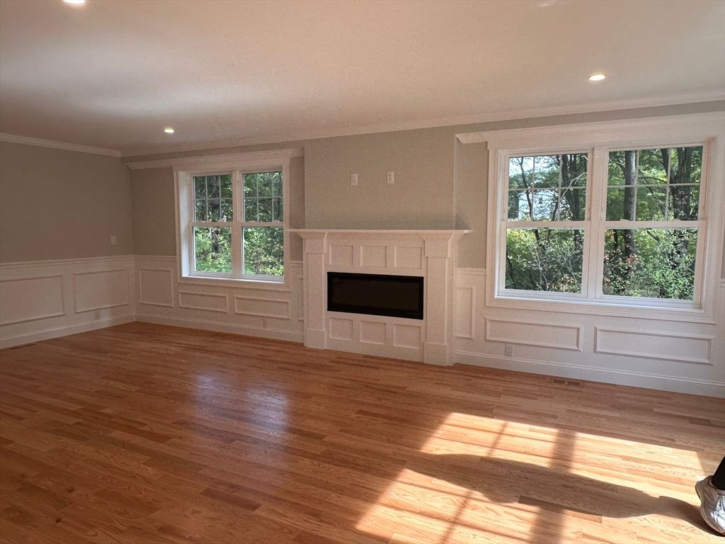 Empty room, Fireplace, Interior, Recessed Lighting, Wood Texture Flooring