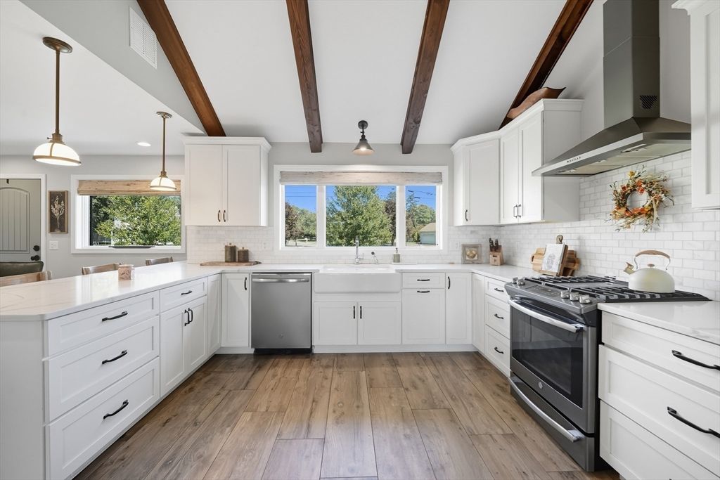 Interior, Kitchen, Pendant Lights, Recessed Lighting, Stainless Steel Appliances, Wooden Beams, Wood Texture Flooring