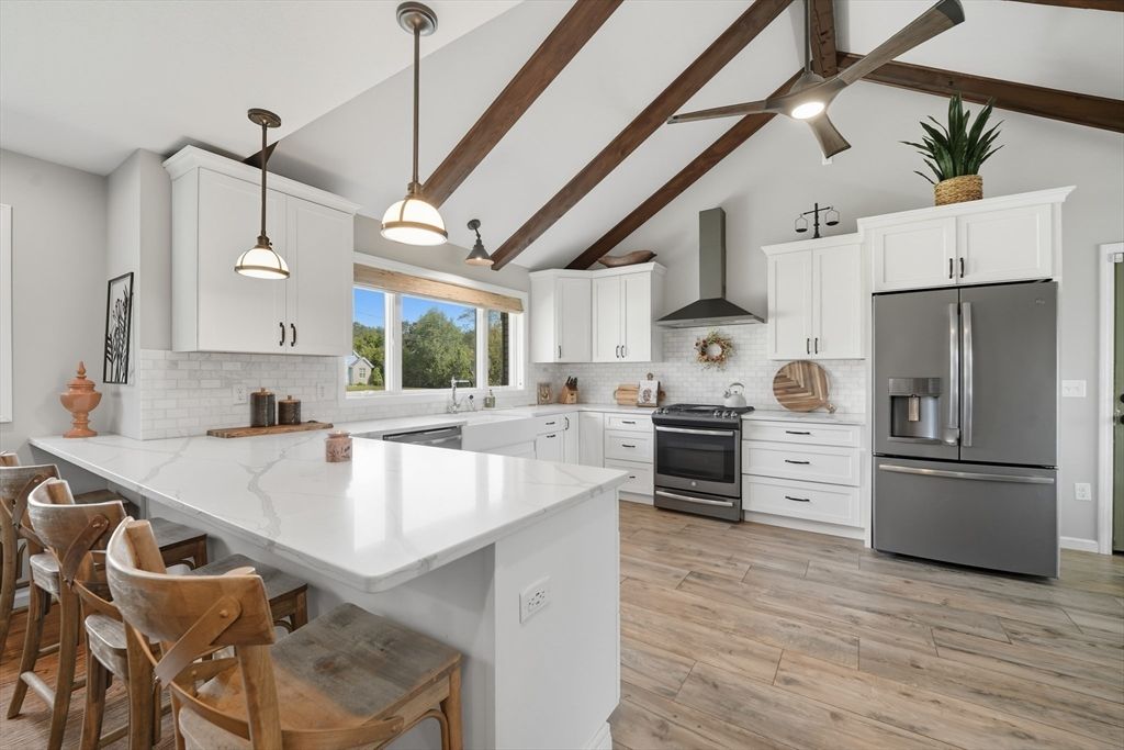 Interior, Kitchen, Pendant Lights, Stainless Steel Appliances, Wooden Beams, Wood Texture Flooring