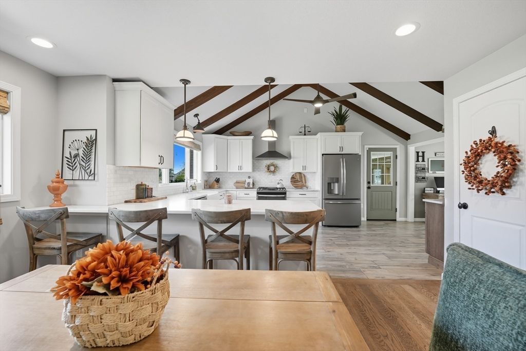 Interior, Kitchen, Pendant Lights, Recessed Lighting, Stainless Steel Appliances, Wooden Beams, Wood Texture Flooring
