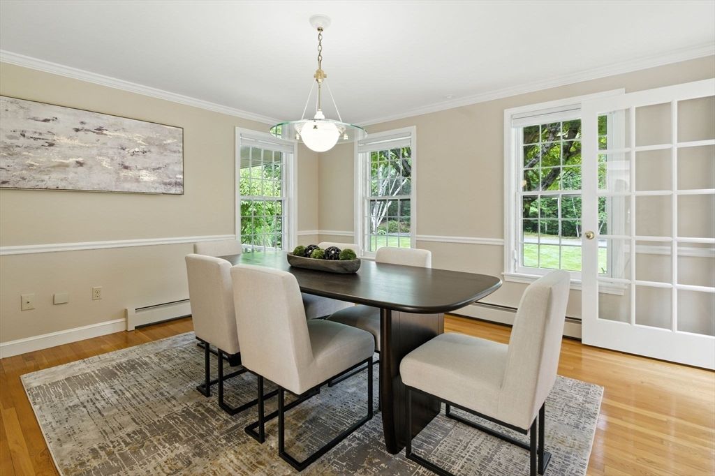 Dining room, Interior, Pendant Lights, Wood Texture Flooring