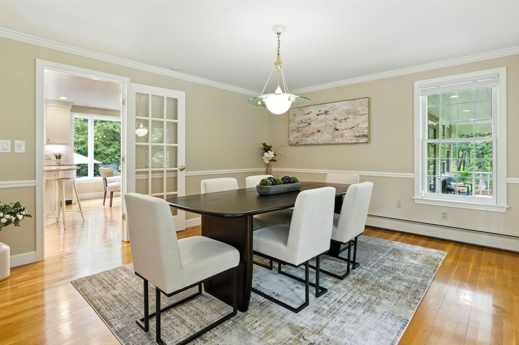 Dining room, Interior, Pendant Lights, Wood Texture Flooring