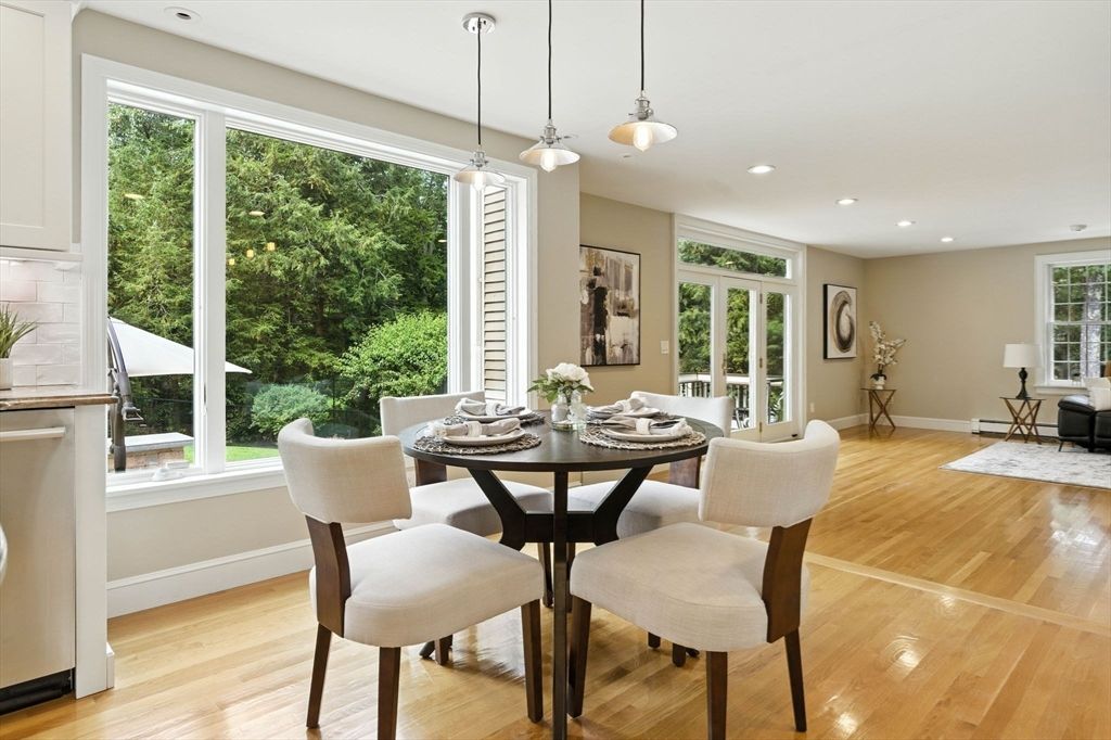 Dining room, Interior, Pendant Lights, Recessed Lighting, Wood Texture Flooring