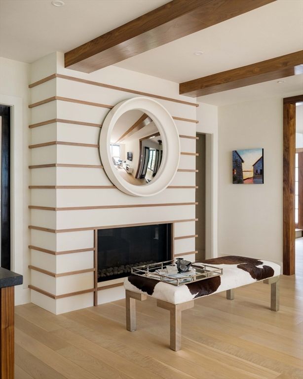 Fireplace, Interior, Recessed Lighting, Wooden Beams, Wood Texture Flooring
