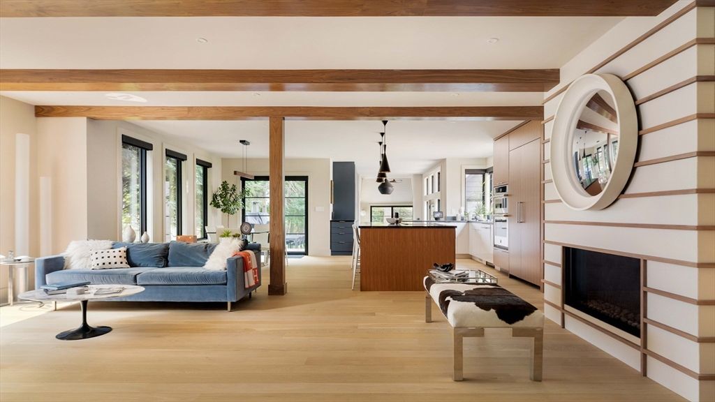 Fireplace, Interior, Living room, Pendant Lights, Recessed Lighting, Wooden Beams, Wood Texture Flooring