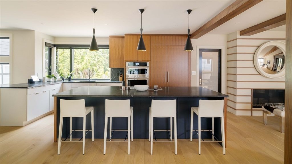 Interior, Kitchen, Pendant Lights, Stainless Steel Appliances, Wooden Beams, Wood Texture Flooring