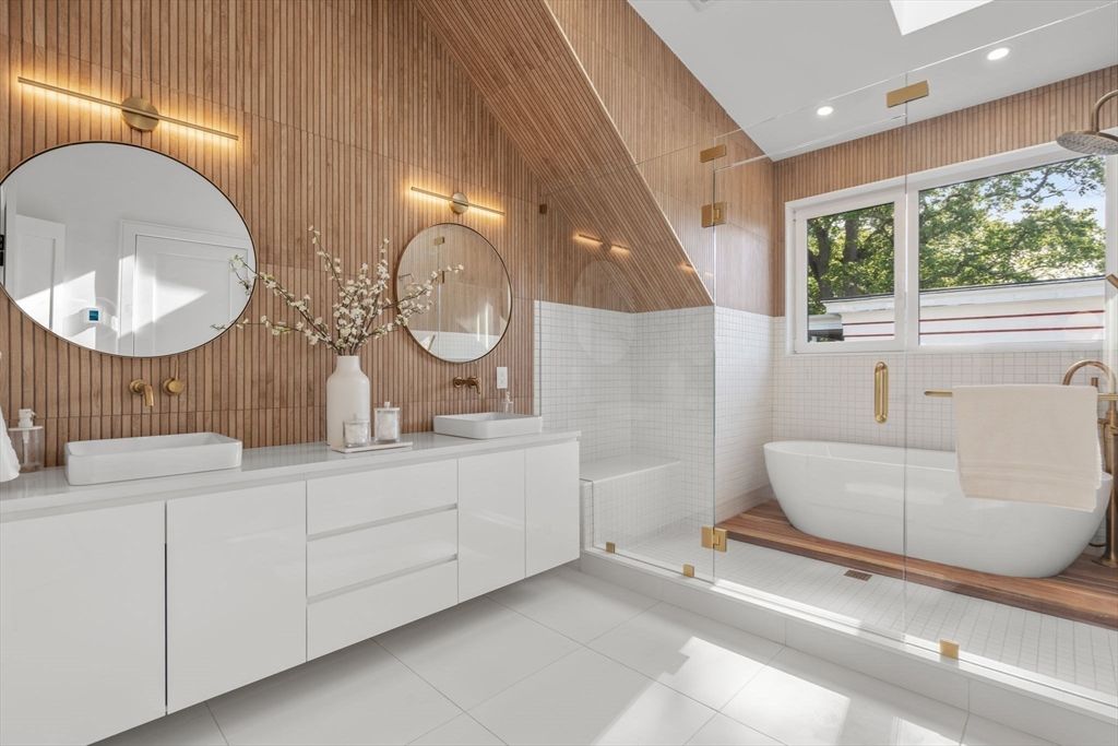 Bathroom, Dual Sink Vanities, Glass Shower, Interior, Recessed Lighting, Wooden Walls