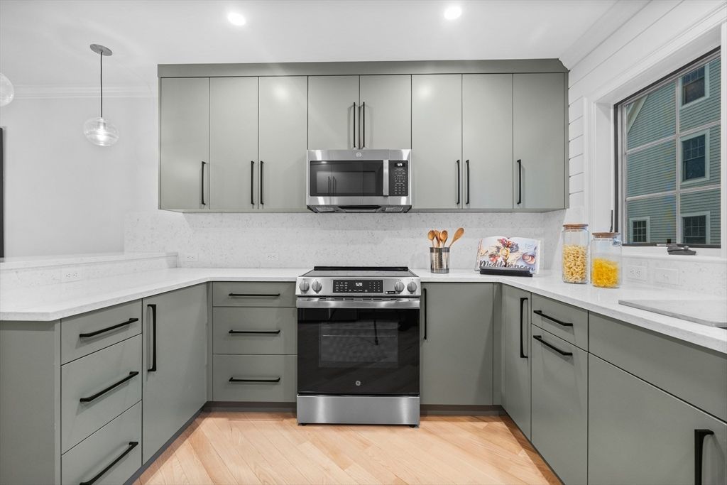 Interior, Kitchen, Pendant Lights, Recessed Lighting, Stainless Steel Appliances, Wood Texture Flooring