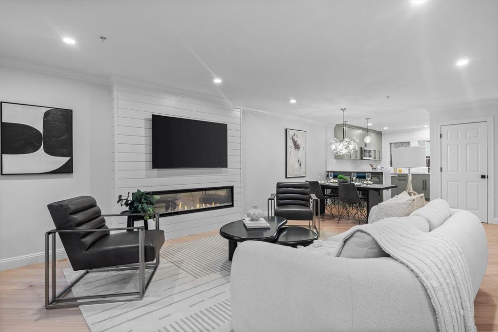 Dining room, Fireplace, Interior, Kitchen, Living room, Pendant Lights, Recessed Lighting, Wood Texture Flooring