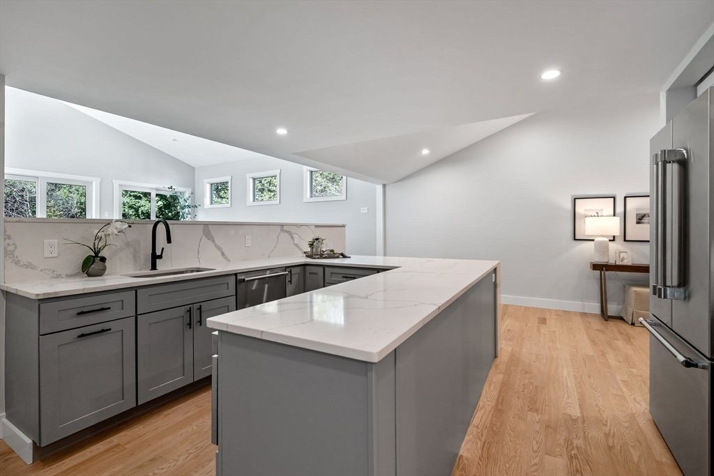 Interior, Kitchen, Marble Walls, Recessed Lighting, Wood Texture Flooring