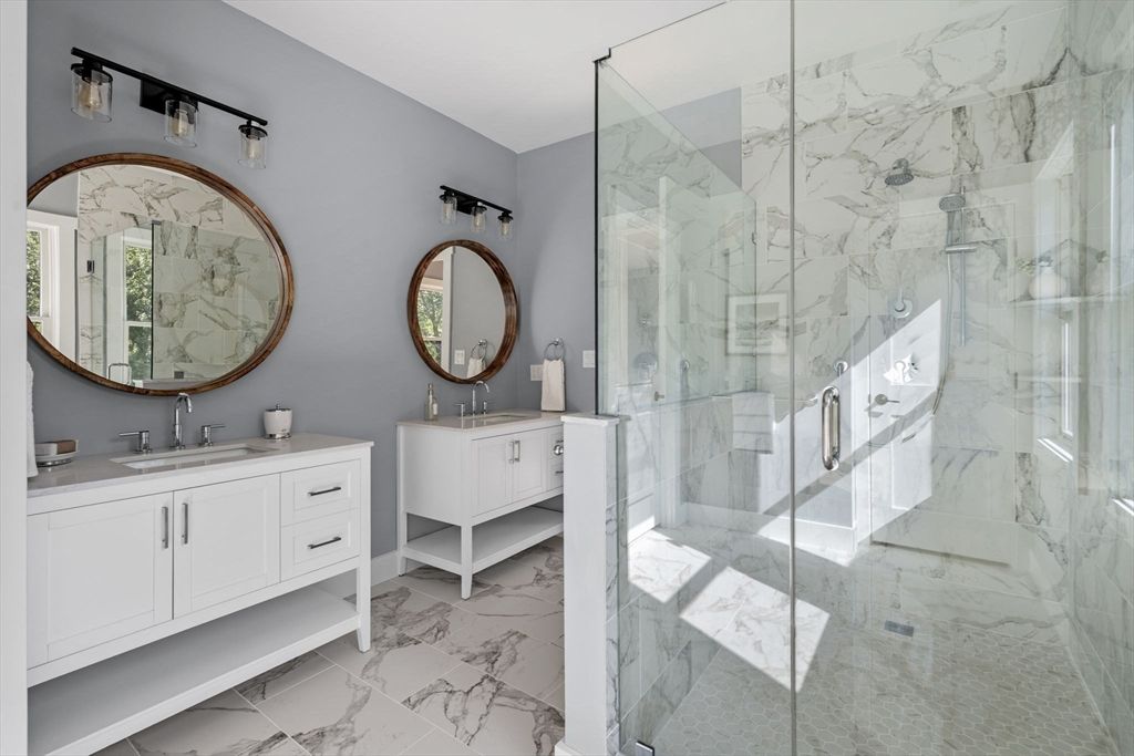 Bathroom, Dual Sink Vanities, Glass Shower, Interior, Marble, Marble Walls
