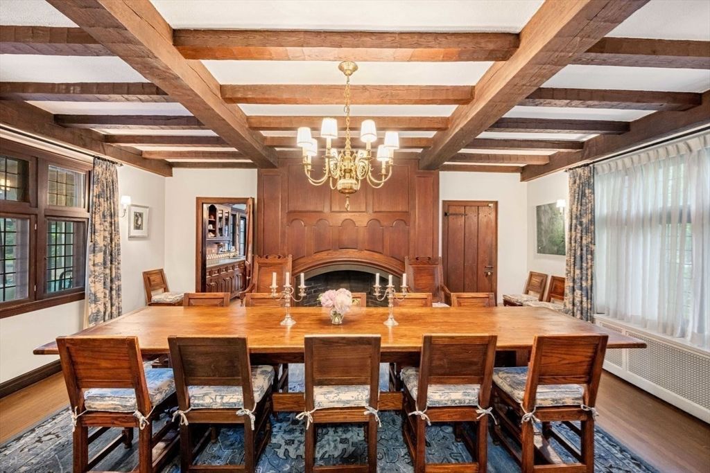 Chandelier, Dining room, Fireplace, Interior, Wooden Beams, Wood Texture Flooring