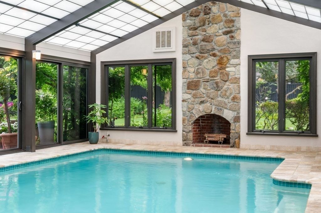 Fireplace, Glass Ceilings, Interior, Pool, Stone Walls, Sun Room