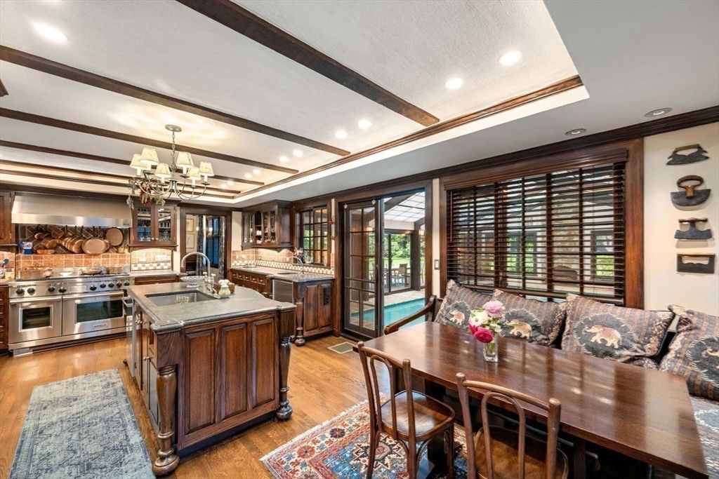 Chandelier, Dining room, Interior, Kitchen, Recessed Lighting, Stainless Steel Appliances, Wood Texture Flooring