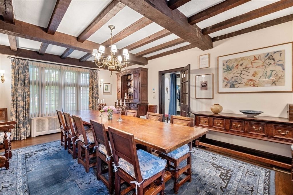 Chandelier, Dining room, Interior, Wooden Beams, Wood Texture Flooring