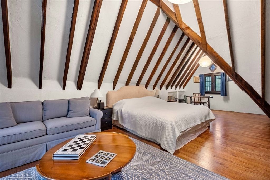 Bedroom, Interior, Pendant Lights, Wooden Beams, Wood Texture Flooring
