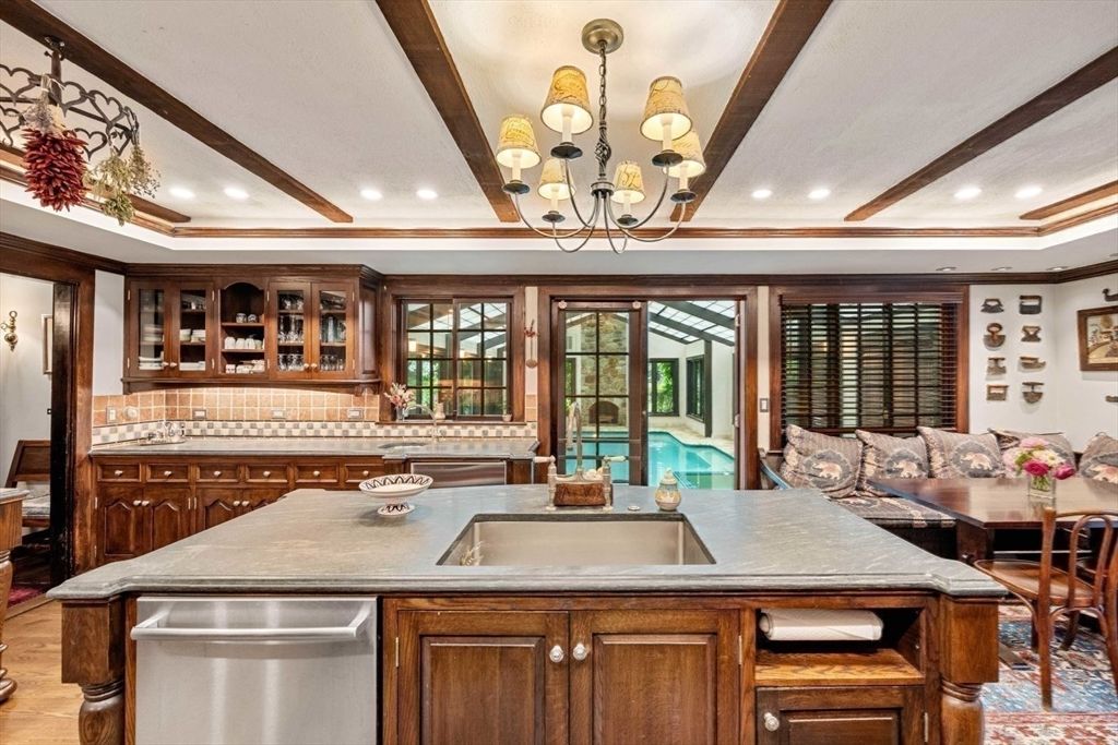 Chandelier, Dining room, Interior, Kitchen, Recessed Lighting, Stainless Steel Appliances, Tile Countertops