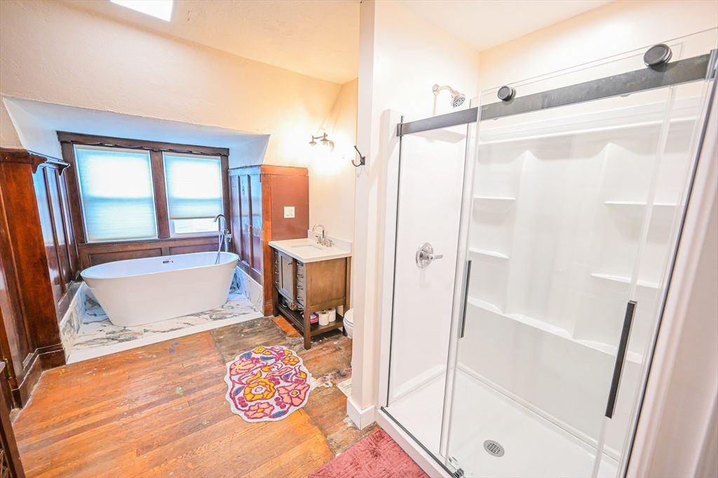 Bathroom, Free Standing Baths, Glass Shower, Interior, Wood Texture Flooring