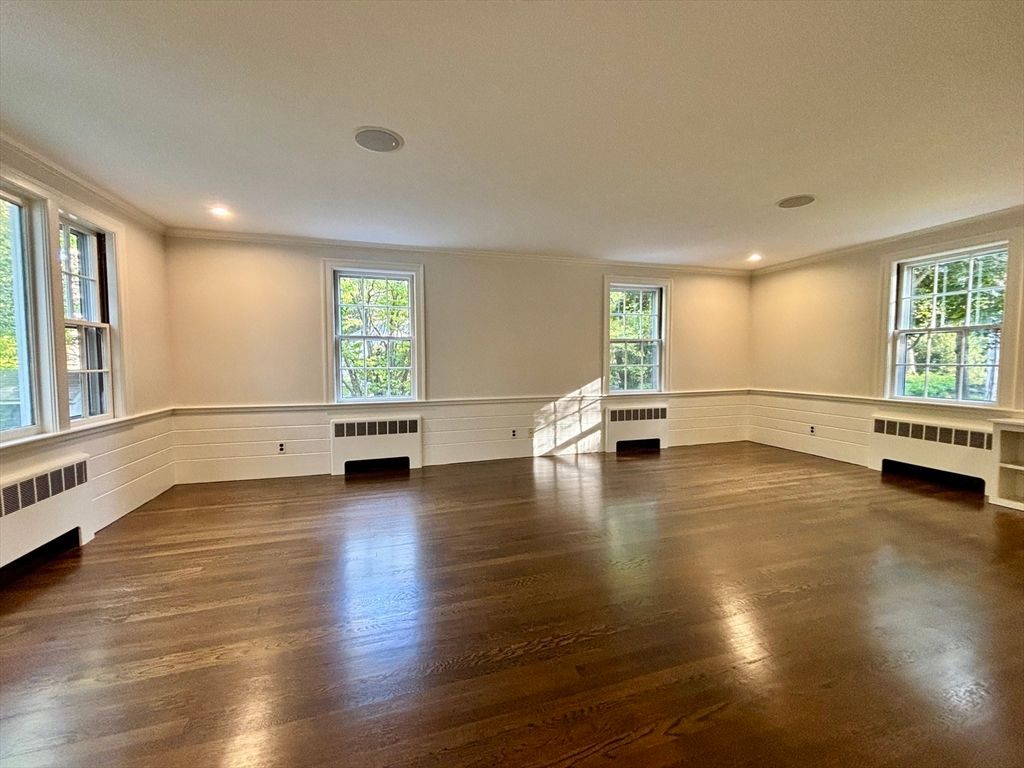 Empty room, Fireplace, Interior, Recessed Lighting, Wood Texture Flooring