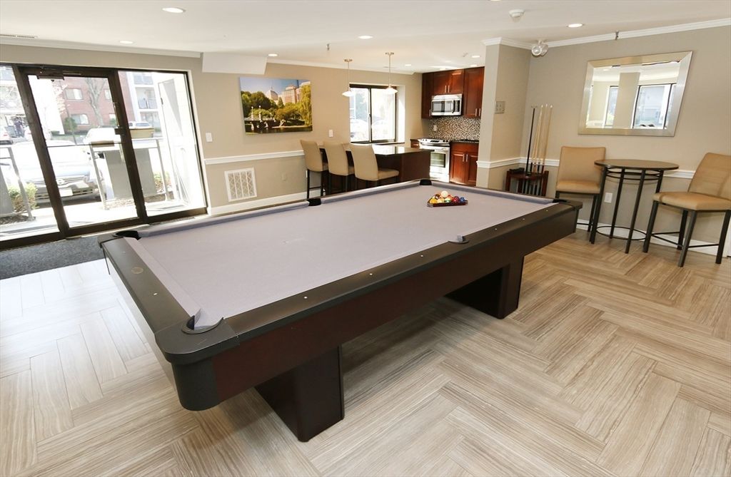 Billiard Table, Dining room, Game Room, Interior, Kitchen, Pendant Lights, Recessed Lighting, Wood Texture Flooring