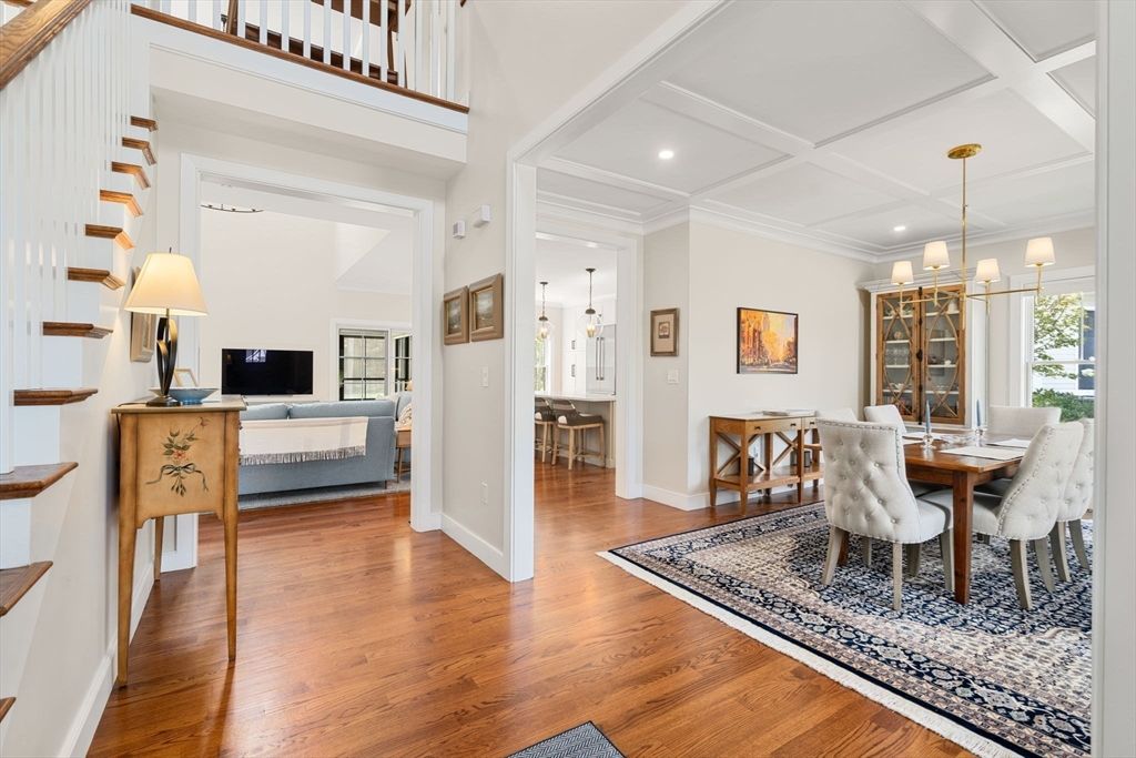 Dining room, Interior, Pendant Lights, Recessed Lighting, Wood Texture Flooring